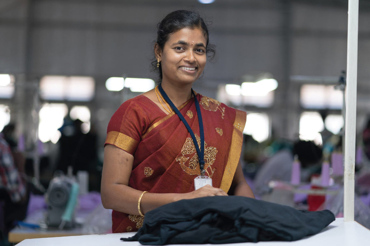 Maker Jegadeeswari V. at a Fair Trade Certified Factory in Tirupur, Tamil Nadu, India.