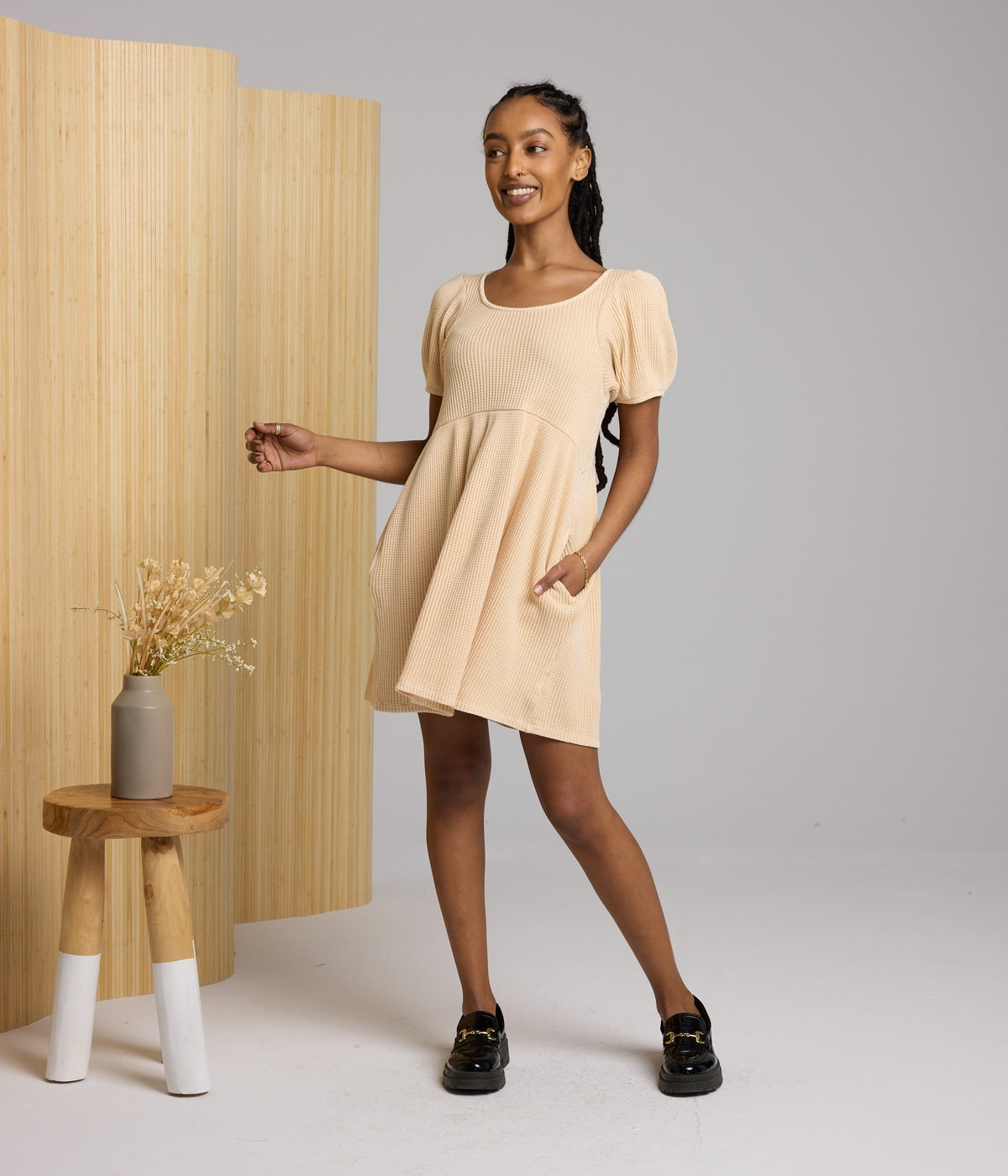 Ethel Waffle Knit Dress - Dusty Peach