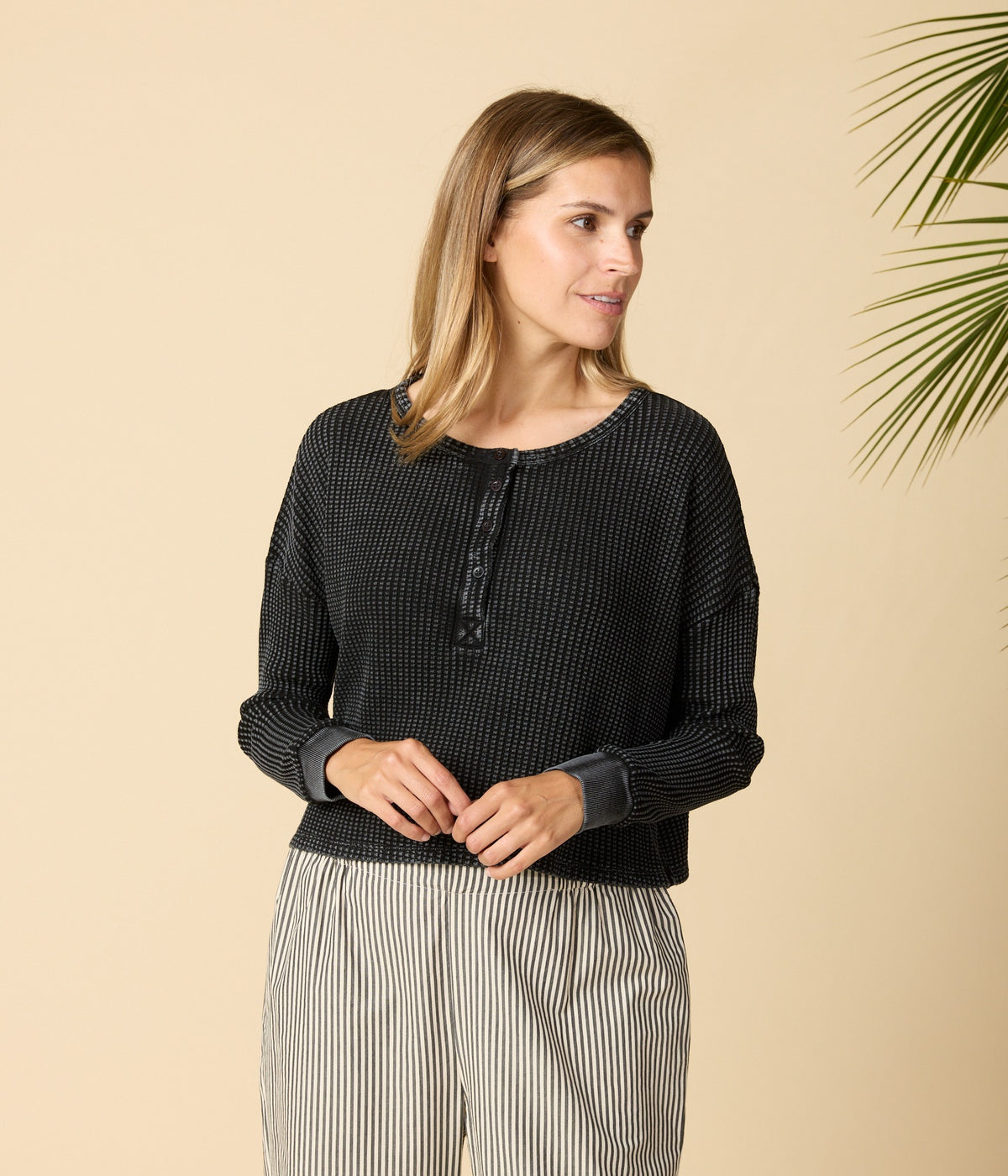 Cris Waffle Knit Top - Black
